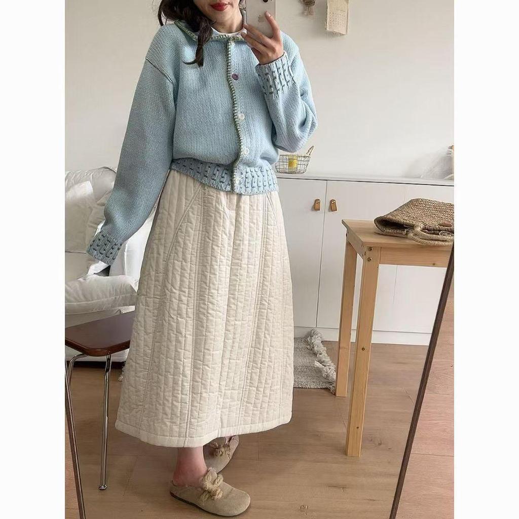 Japanese Style High-Waisted Quilted Skirt - Warm Apricot, Mid-Length, Autumn/Winter 2025