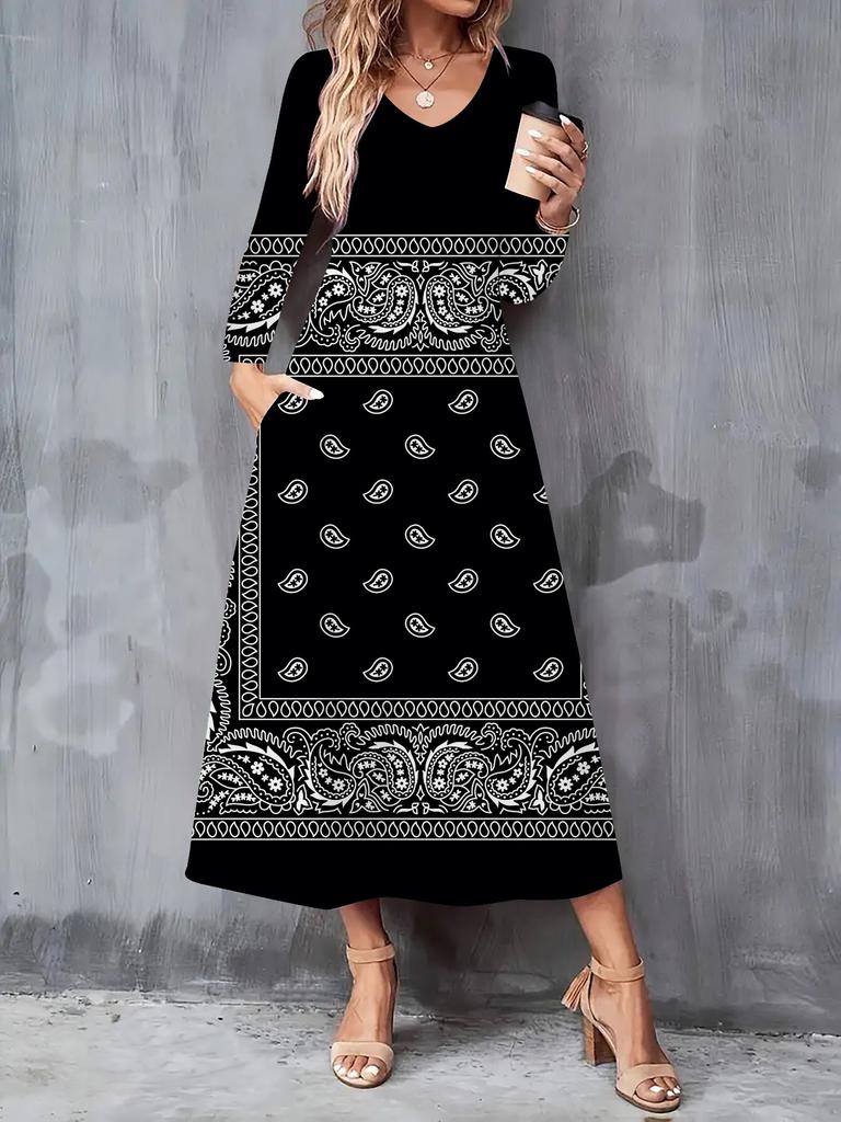 2025 Autumn and Winter New Women Casual Fashion Dress 3D Retro Pattern Print  Long Sleeve V-Neck A-Line Dresses