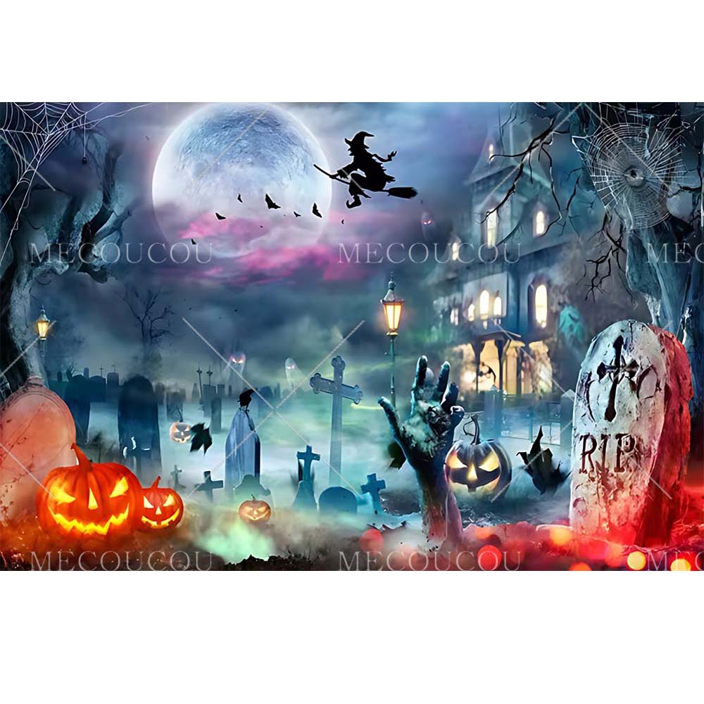 Halloween Backdrop Horror Night Full Moon Pumpkin Skull Castle Cemetery Halloween Party Adult Kids Background Decor Customized