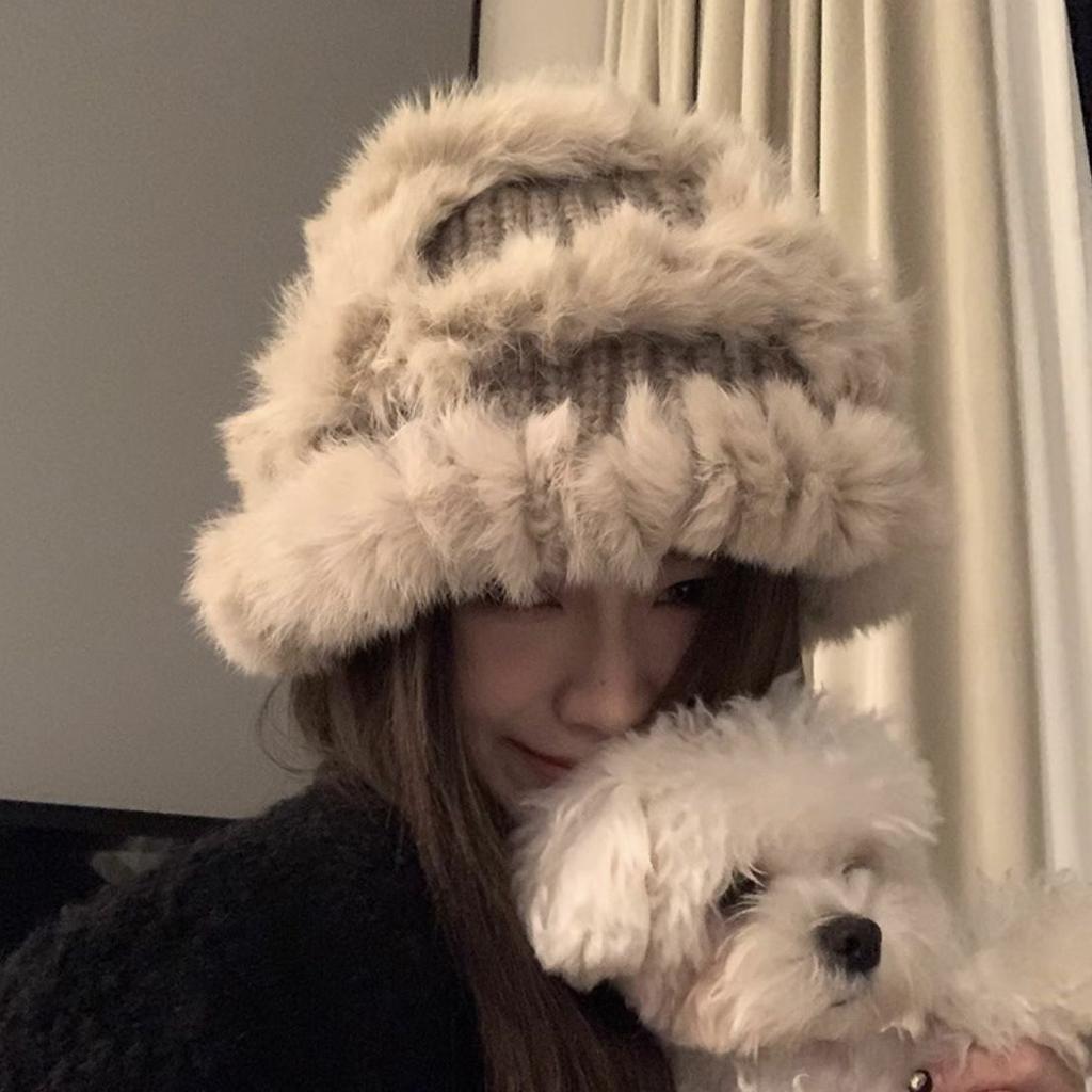 Rabbit Fur Knitted Plush Hat Women'S Autumn And Winter Furry Bucket Hat Big Head Circumference Showing Face Small Wool Hat
