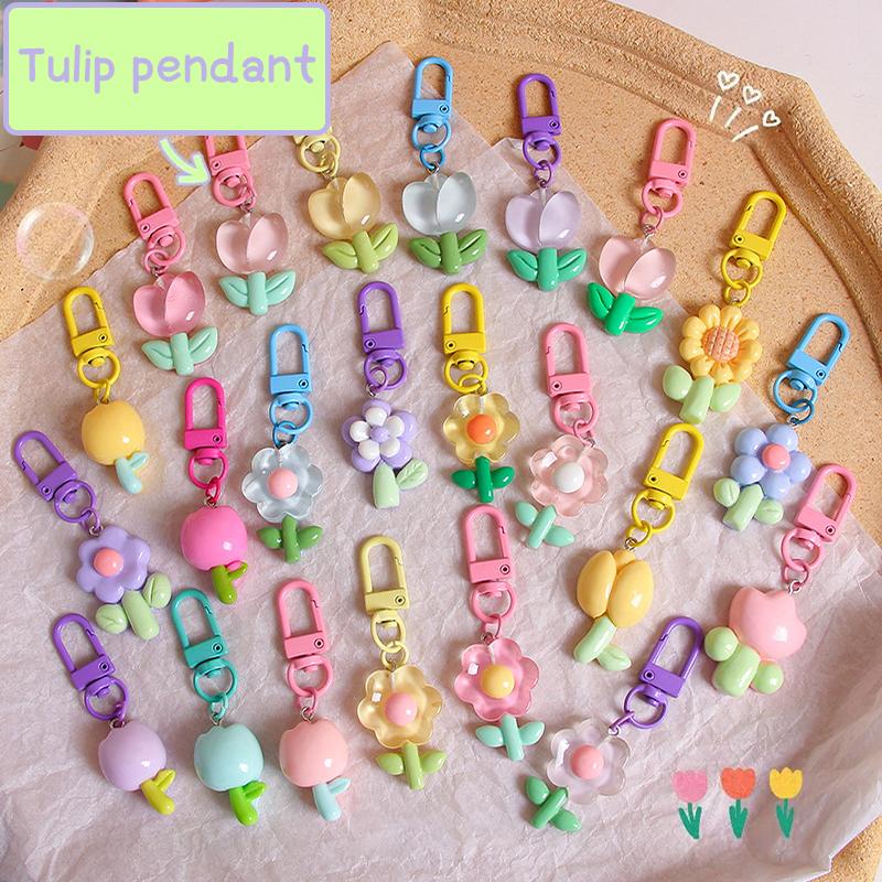 Resin Tulip Keychain Pendant Flower Girl Heart Cute Bag Ornament Headphone Key Case Decoration