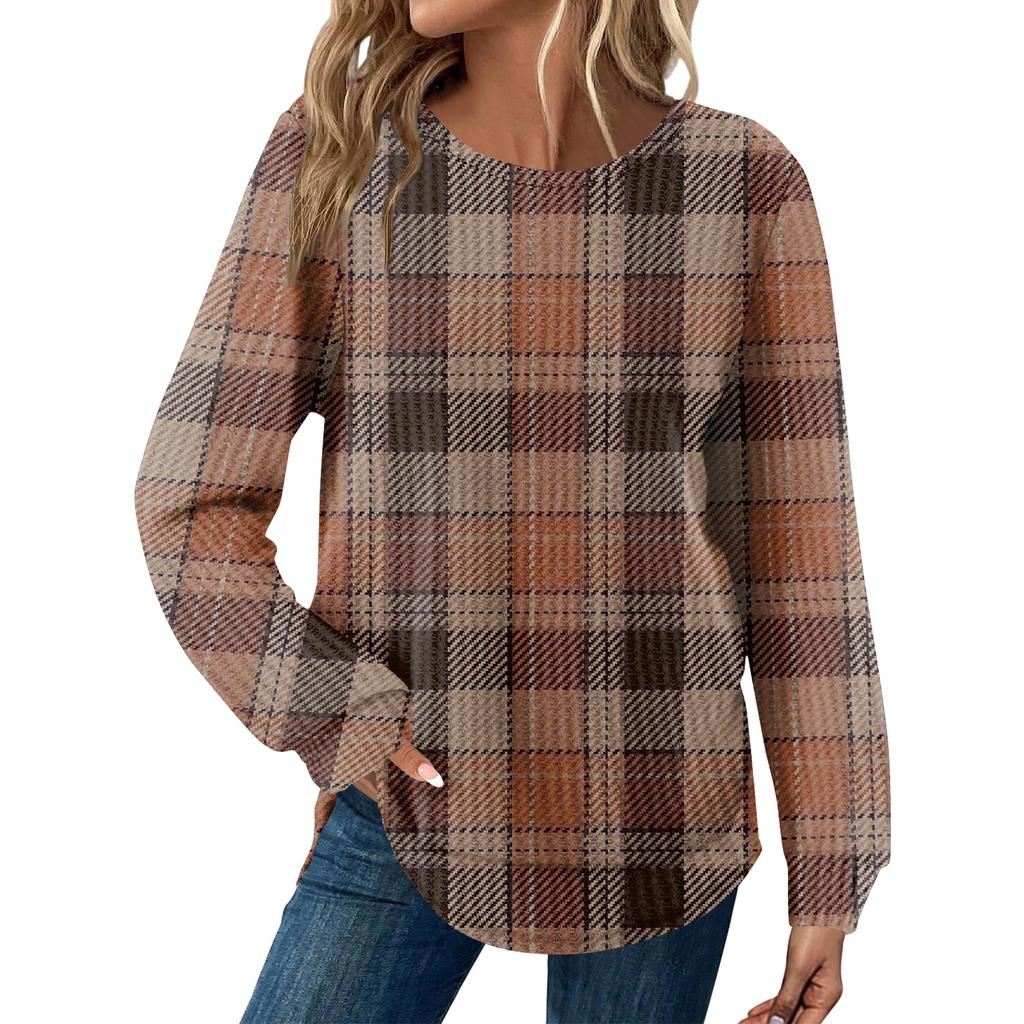 Women's Plaid Print Round Neck Long Sleeve Casual Loose Top