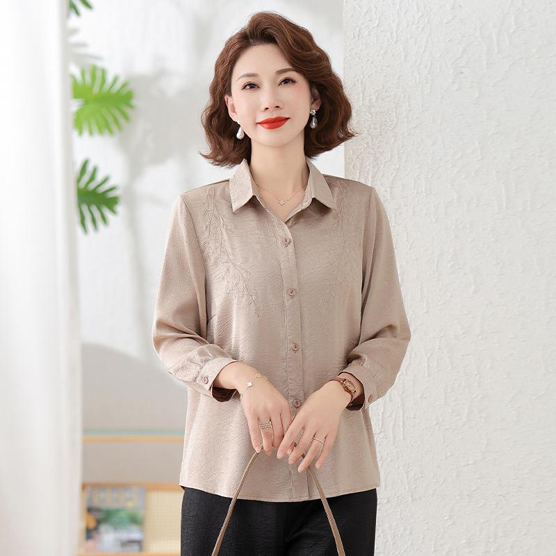 Spring & Summer Stylish Lapel Long Sleeve Shirt for Middle-Aged & Elderly Women - Age-Reducing Solid Color Loose Top