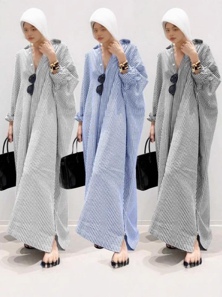 European & American Women's Plus Size Loose Striped Print Long Dress