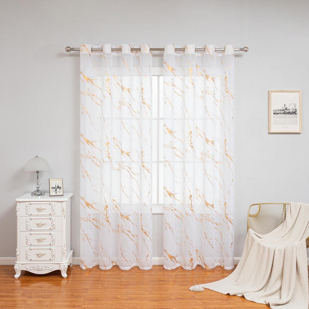 2025Gold Stamping Marble Pattern Stone Window Screen Perforated Curtain Semi-Blackout Curtain Sheer Curtain