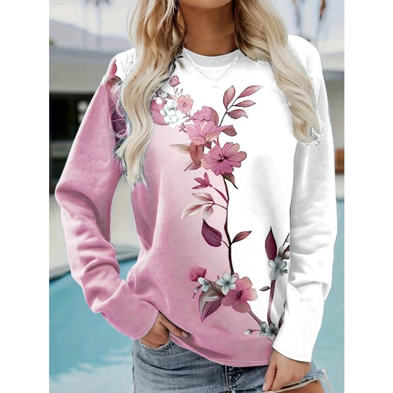 Women's Gradient Floral Digital Print Long Sleeve T-Shirt, Round Neck Loose Fit Top, Casual Versatile Pullover