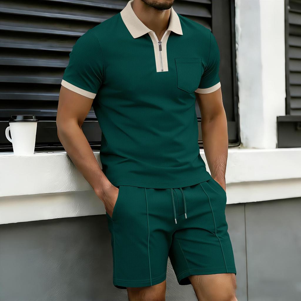 Men's Color Block Summer Polo & Shorts Set