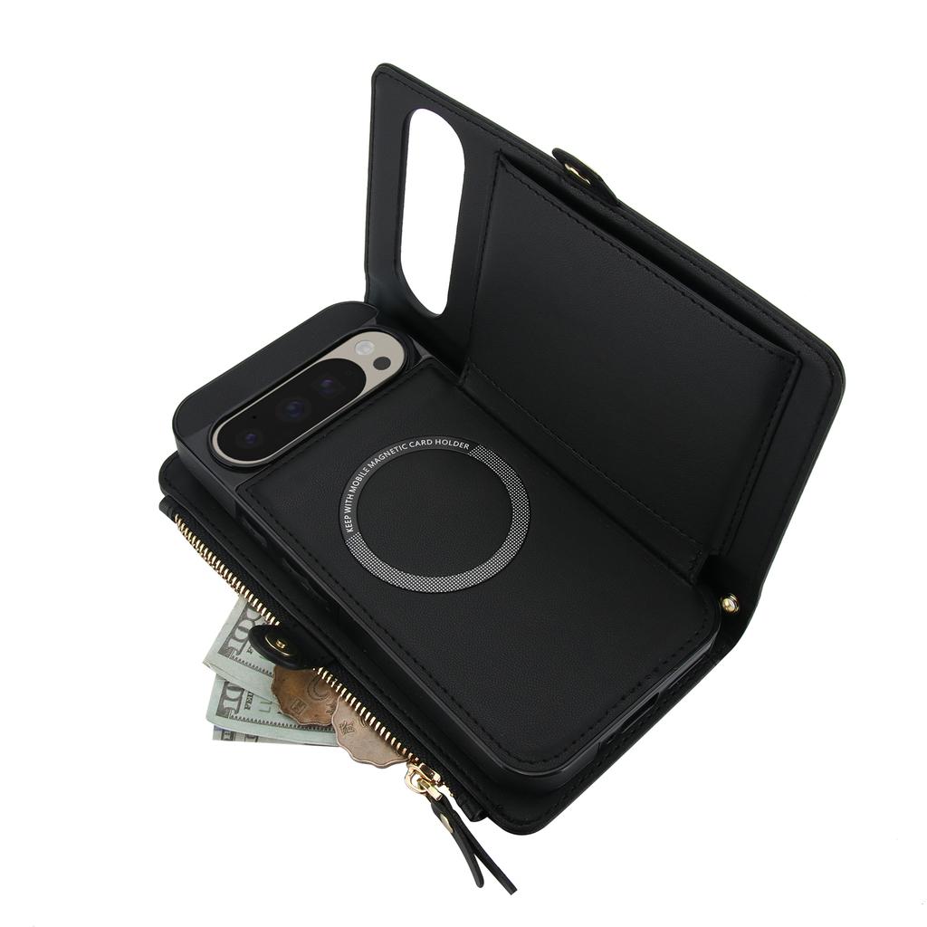 For Google Pixel 9 Pro XL Wallet Case Magnetic Detachable PU Leather Phone Cover with 2 Straps