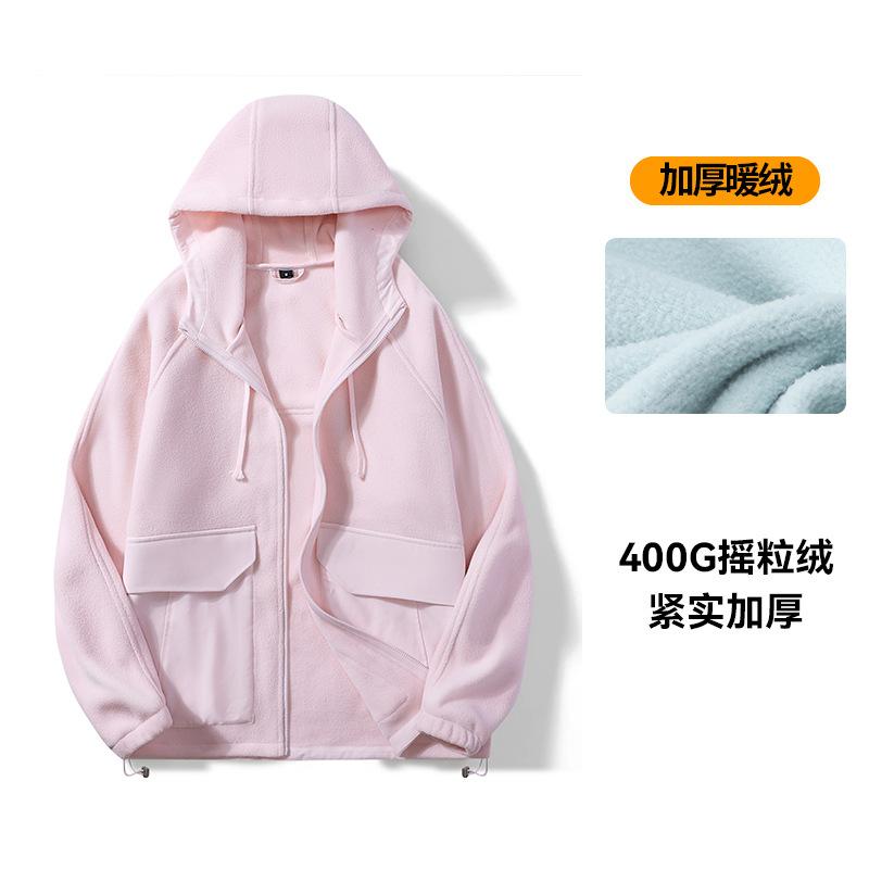 

Fleece jacket men s and women s autumn and winter fleece thickened hooded windproof warm fleece clothing tooling large pocket top XL (145-82.5 kg)