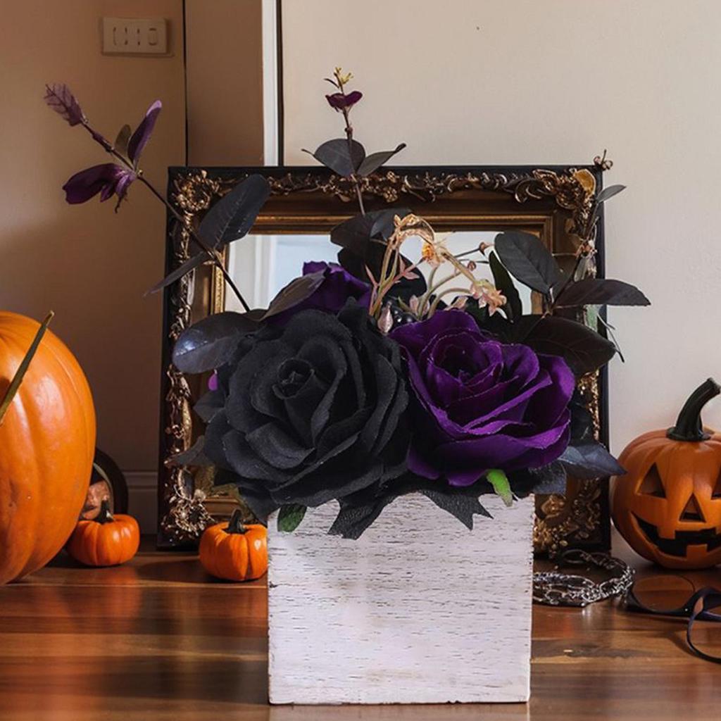 Halloween Flower Arrangement Day Of The Dead Artificial Black Flowers Bouquet With Wooden Vase Gothic-Style Centerpieces
