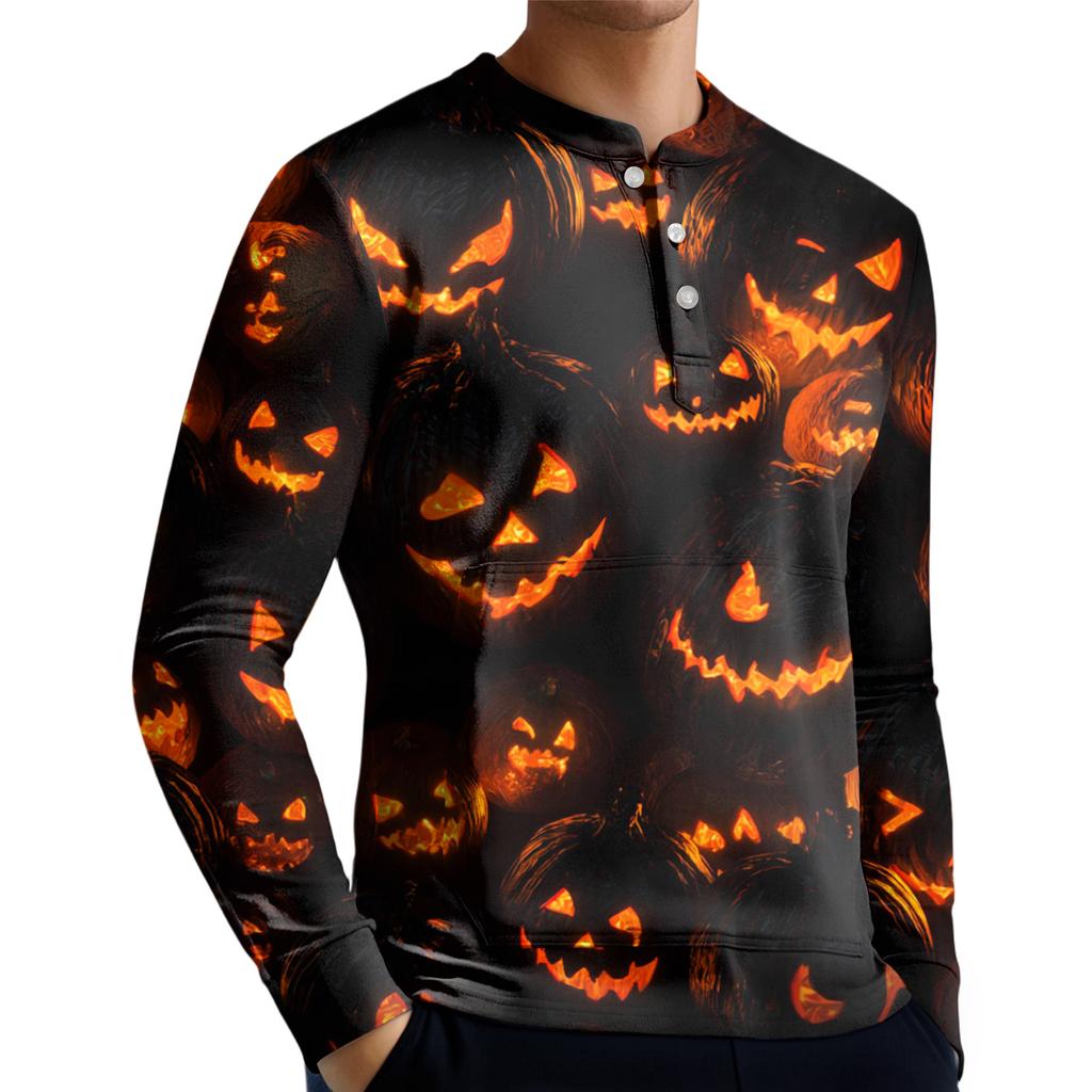 Men's Casual Button-Down Sweatshirt Fashion Printed Long Sleeve Shirt Pullover