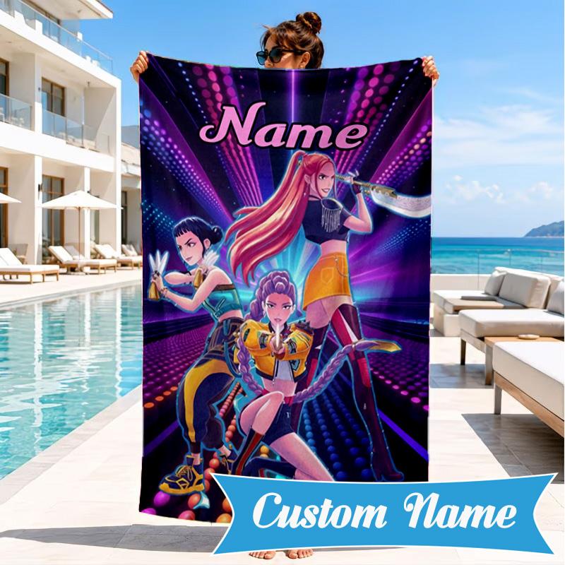 Custom Name KPop Cartoon Beach Towel Microfiber Beach Towel, Lightweight and Quick-Dry, for Summer Travel, Swimming Pool Gift