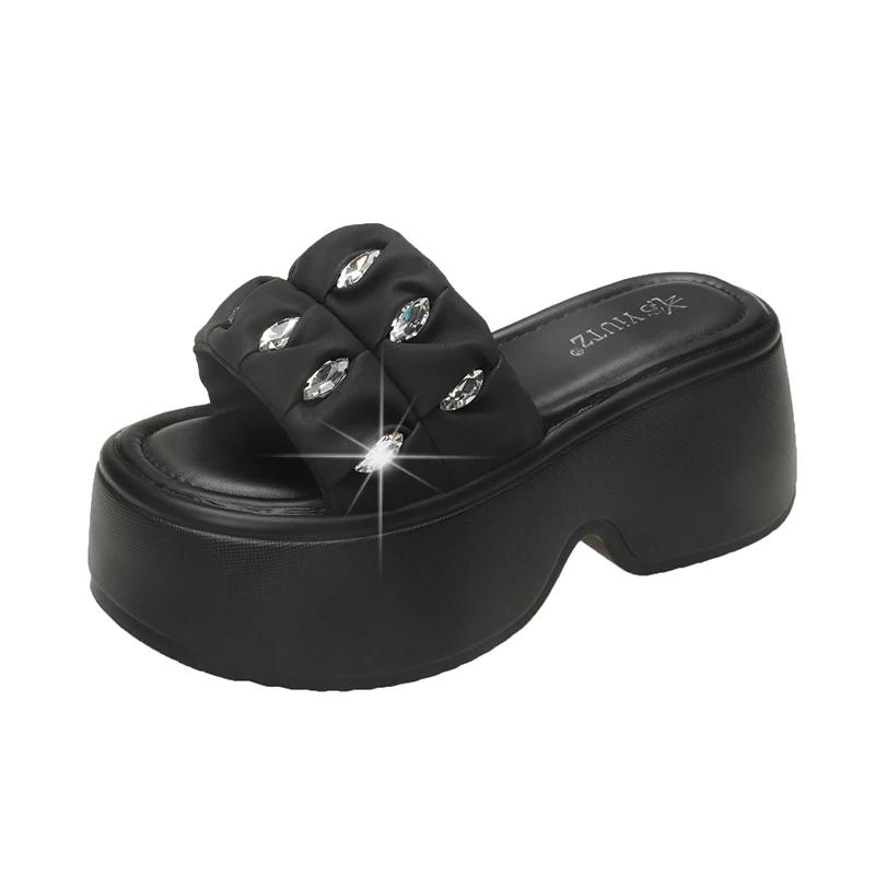 Fashion 8CM Women's Thick Bottom Slip-On Slippers New Summer Crystal Sandals Outdoor Chunky Flip Flops Casual Beach Slides Zapatos Mujer