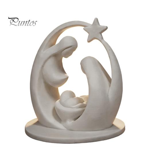 Fireplace Christmas Decor 3D Printed Holy Family Ornament, Abstract Crescent Sculpture with Matte White Home Ornament Star, Religious Desktop