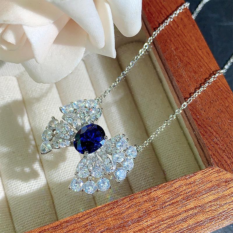 New Jewelry Set Accessories Blue Zircon Butterfly Stud Earrings Clavicle Chain Ring High Versatile Fashion Light Luxury Women