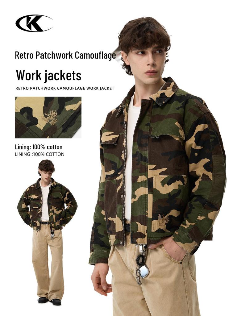 11KN Unisex Retro Camouflage Military Workwear Jacket: Slimming, Short, Wide Shoulder, Loose Fit Streetwear.