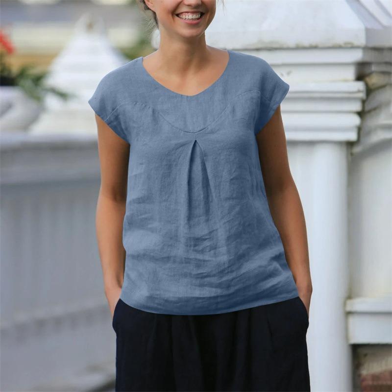 Letní nové dámské topy Ležérní volné jednobarevné krátkorukávové s výstřihem do V Bavlna a len Dámská trička