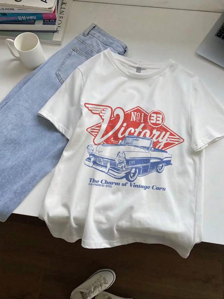 Charm of Vintage Cars Victory Printing Shirt Short Sleeve Loose Graphic Tops Women Cotton Tshirts Streetwear Female Clothes