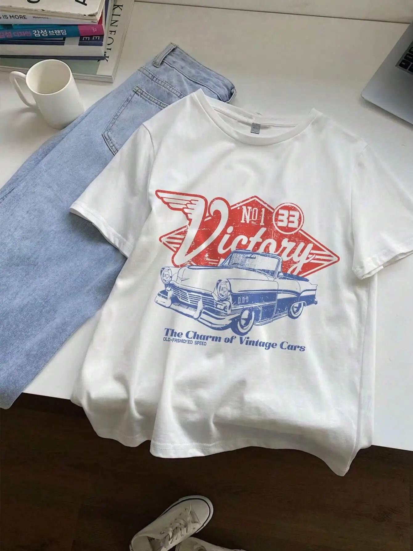 

Charm of Vintage Cars Victory Printing Shirt Short Sleeve Loose Graphic Tops Women Cotton Tshirts Streetwear Female Clothes S