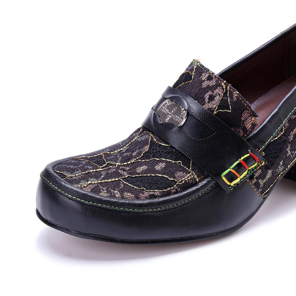 Johnature Ručně vyráběné lodičky z pravé kůže, retro prošívání, pohodlné mokasíny, silný podpatek, dámské boty