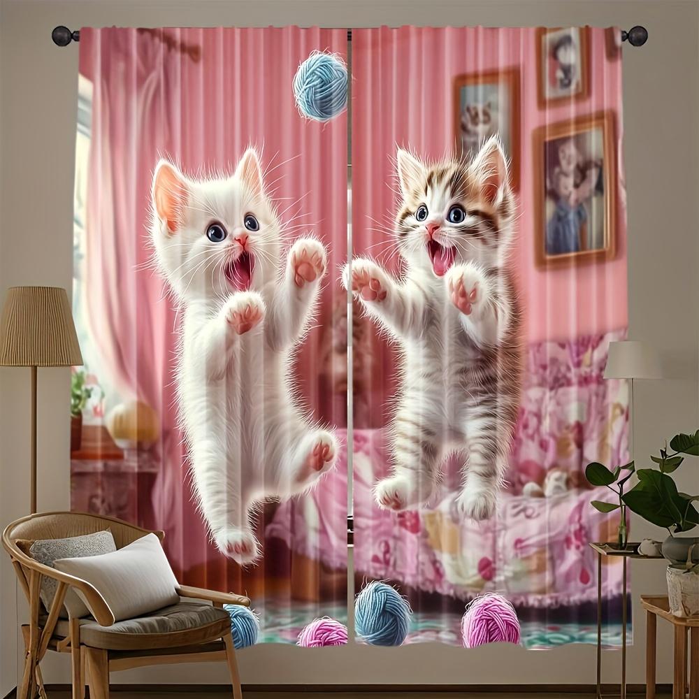 2 Panels Cute Kitten Printed Curtains Playing With Yarn Ball Polyester Living Room Bedroom Window Drapes Home Decor