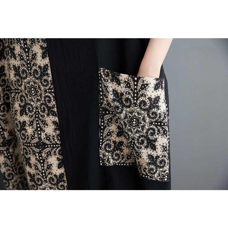 Summer Vintage Colorblocking 200 Pounds Long Dresses Big Pockets V-Neck Dresses