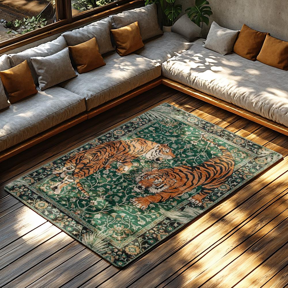 Green Tiger Pattern Bohemian Rug, Orange Animal Print Non-Slip Carpet, Jungle Theme Living Room Mat for Nature Decor