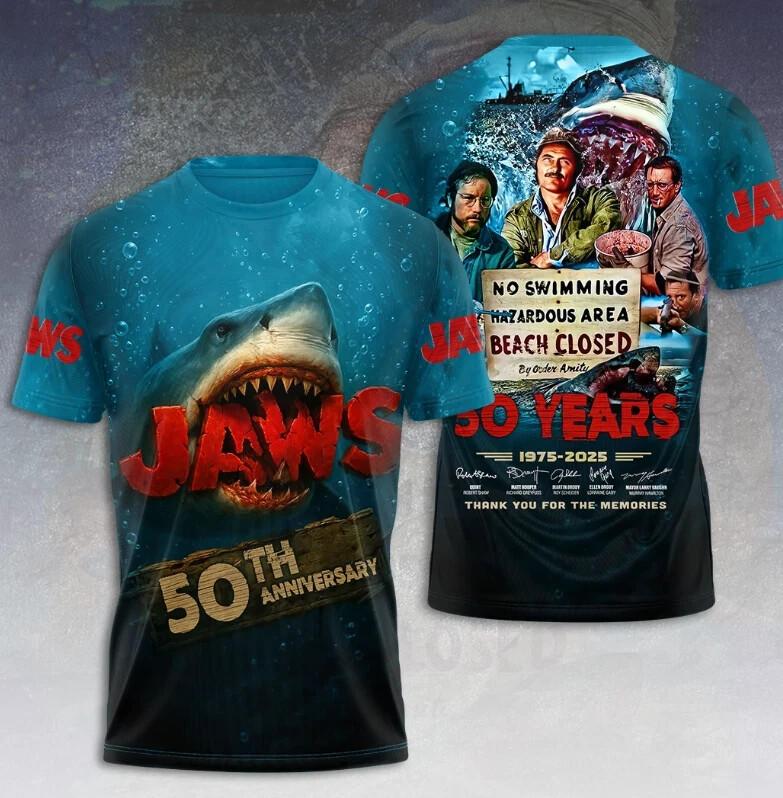 Jaws 50Th Anniversary 1975-2026 Signatures 3D T-Shirt Unisex L