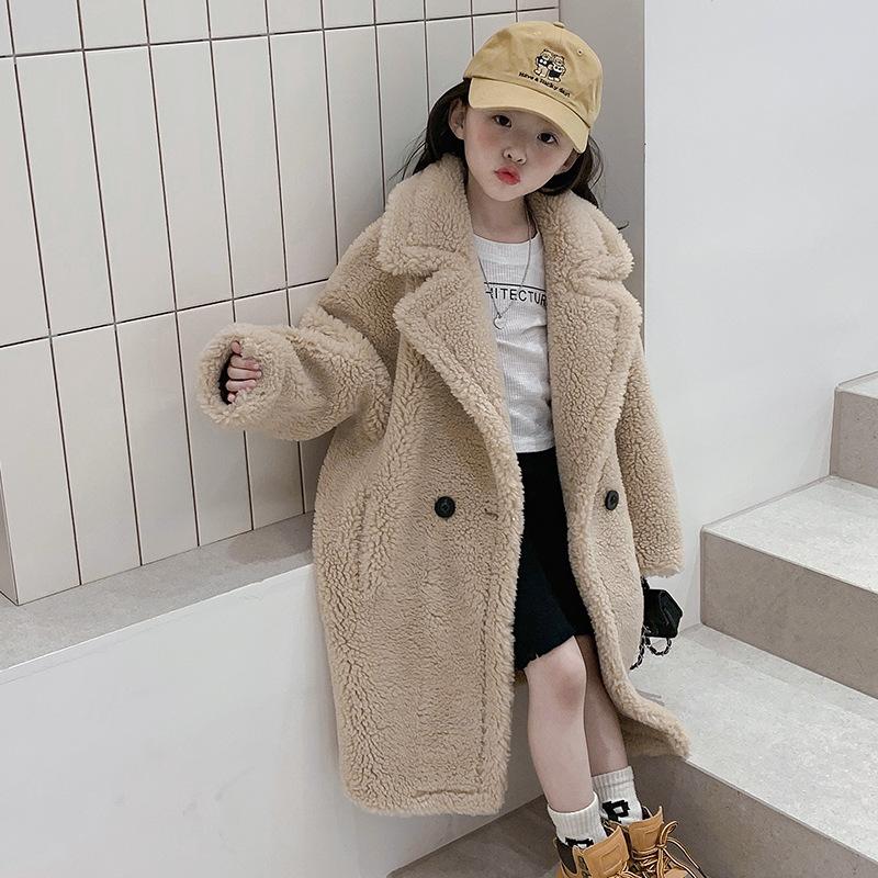

Зимнее пальто для девочек и мальчиков с меховым капюшоном и искусственным мехом плюшевого мишки, длинная куртка с длинным рукавом, детский флисовый кардиган 110 бежевый