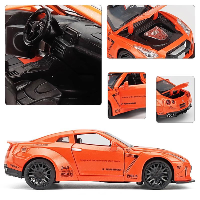 Model auta Nissan GTR v měřítku 1/32, stahovací autíčko se zvukem a světlem pro děti Batole Kluci Dívčí Dárková kolekce