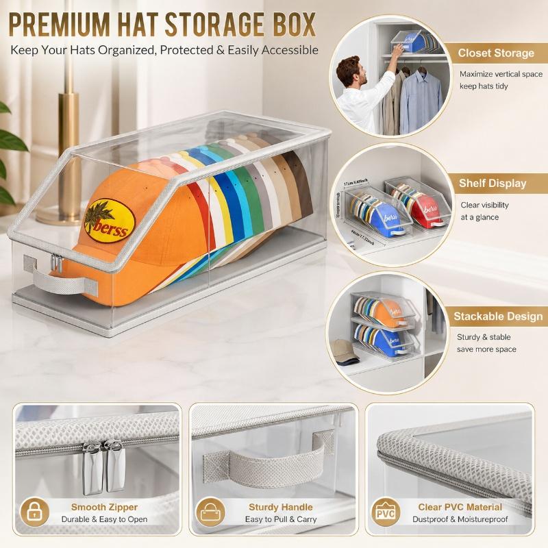 Transparent PVC Baseball Cap Storage Box, Dust-Proof Zippered Storage Case, Large-Capacity Stackable Wardrobe Organizer, Foldable Storage Bag