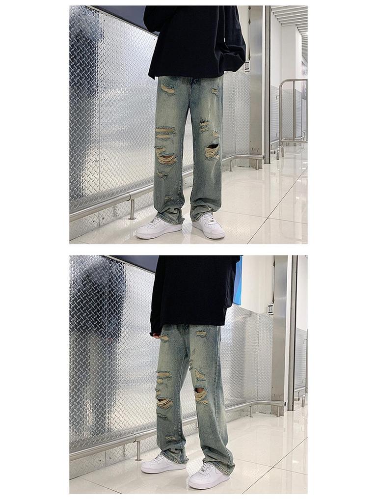 Summer Street Retro Ripped Washed Straight-Leg Jeans for Men and Women