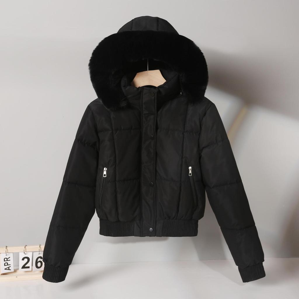 Women's Short Winter Cotton Parka with Fur Collar - Thickened Korean Style Velvet Jacket