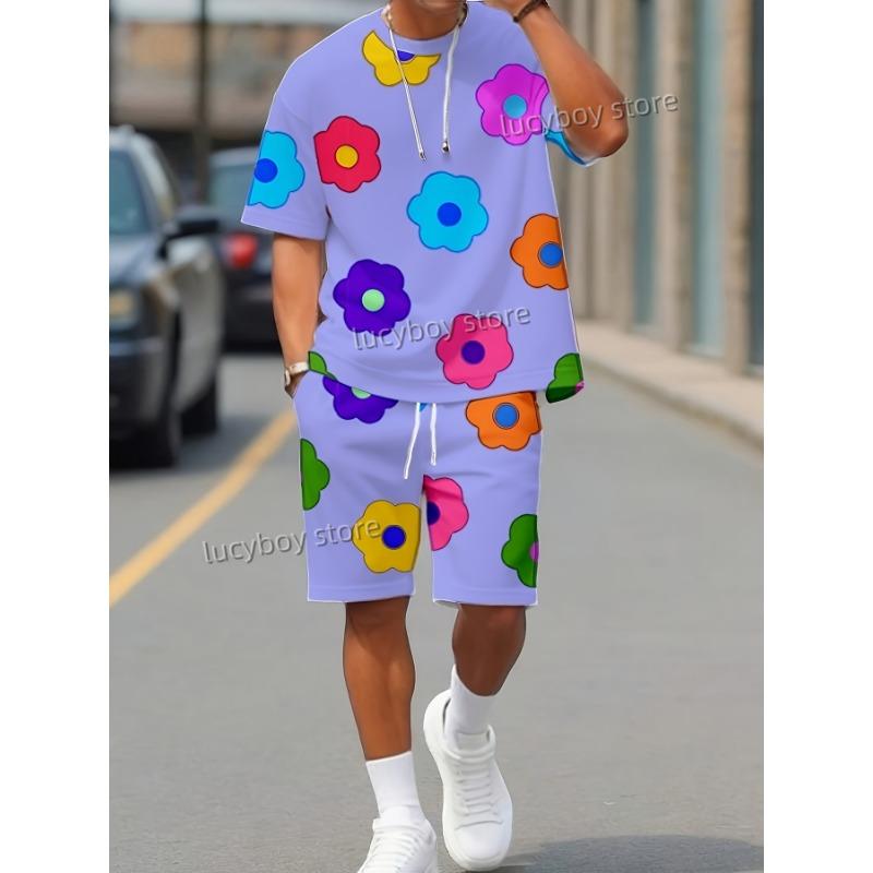 Colorful Flowers Printed Sport T-shirt+shorts Suit Set Men Male Luxury Tracksuit Outfit Summer Oversized 2 Piece Set Men Clothes