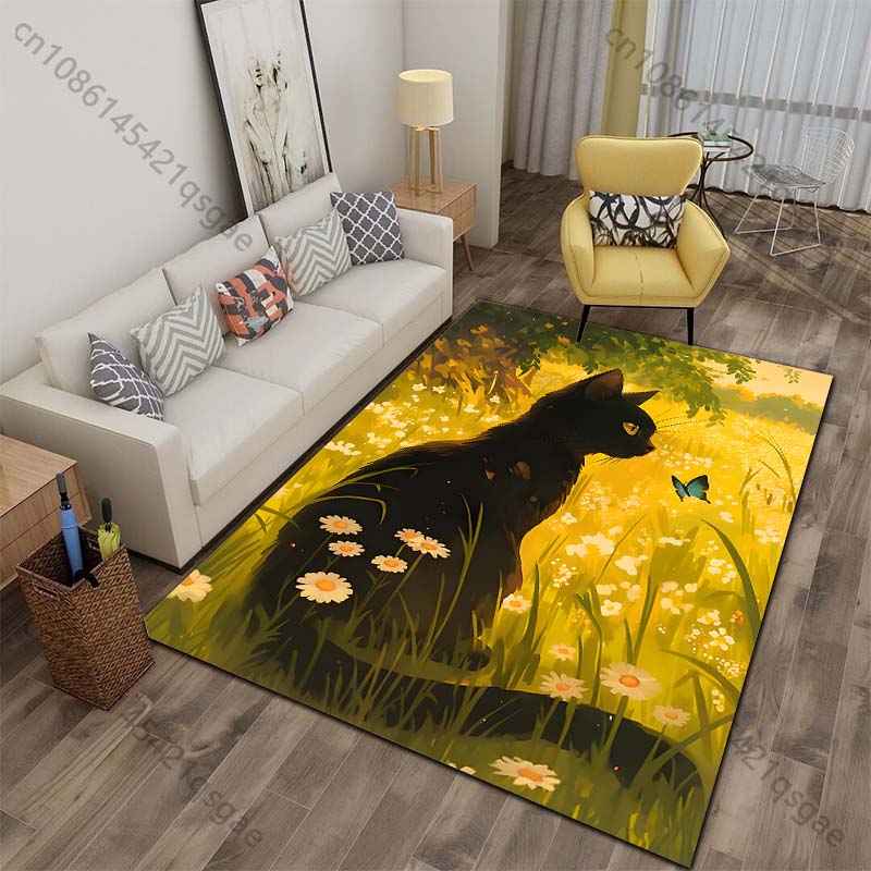 

Black cat watching butterfly golden meadow Print Carpet for Living Room Bedroom Sofa Home Decor Non-slip Mat Luxury Gift 40x60cm