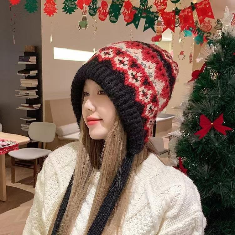 Korean Style Women's Fair Isle Winter Knit Drawstring Hat