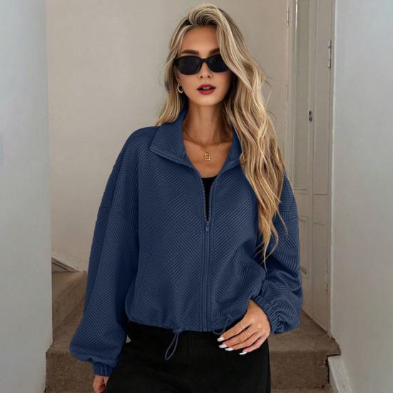 Women's Full Zip Short Jacket Casual Long Sleeve Stand Collar Crop Coat Drawstring Hem Fall Sweatshirt with Pockets