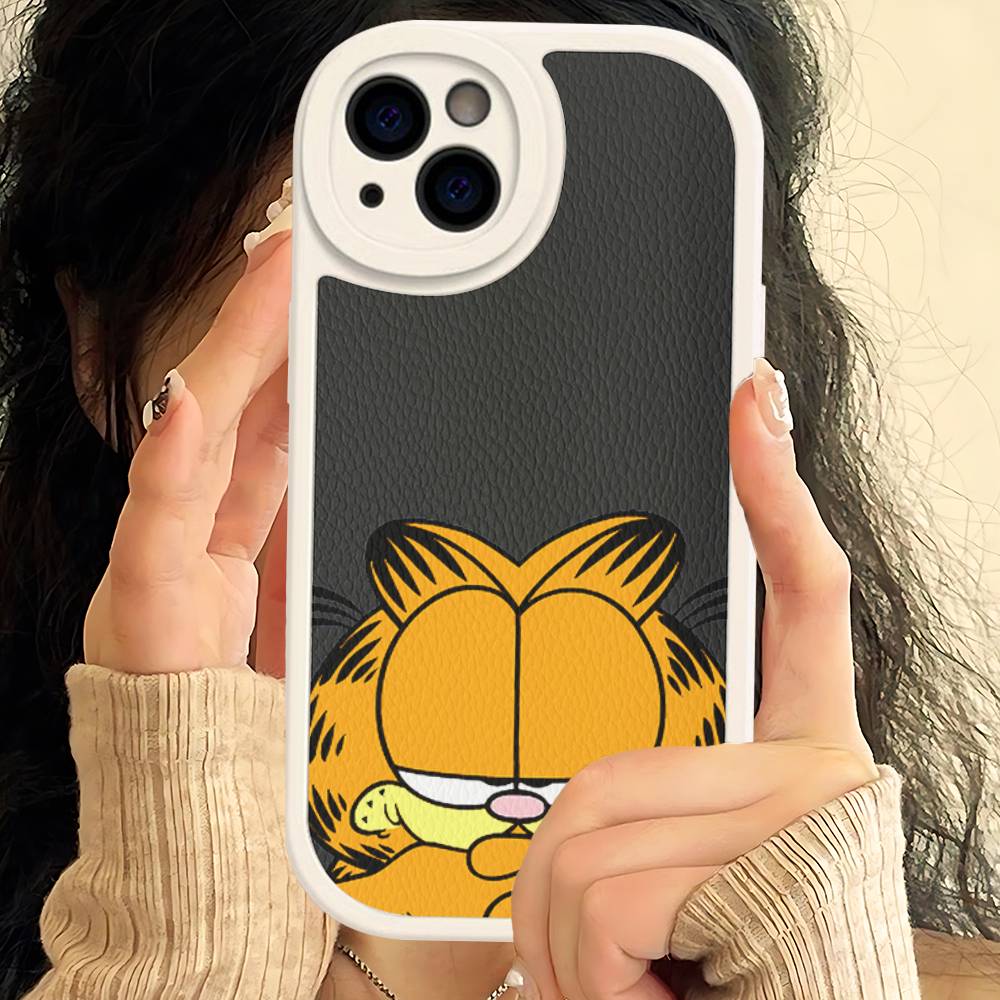 Cute Cartoon G-garfield Cat Leather Phone Case For IPhone 16 16e 15 14 13 12 11 Pro Max Plus Mini Cover