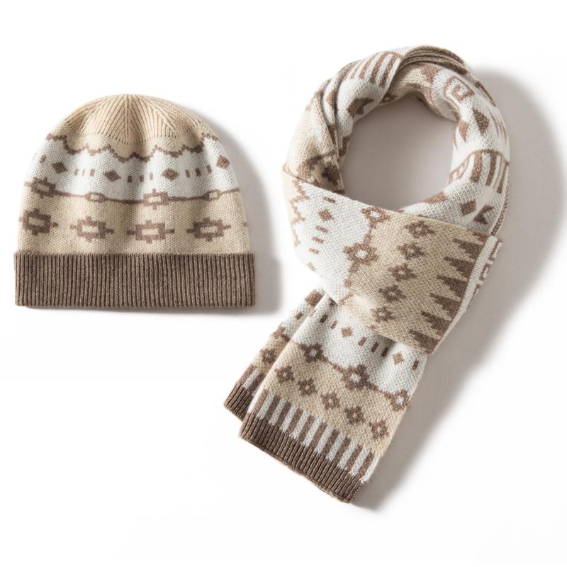 Women's 100% Cashmere Diamond Pattern Scarf and Hat Set Winter Thickened Multi FunctionEar-Protecting Knitted Two-Piece Ensemble