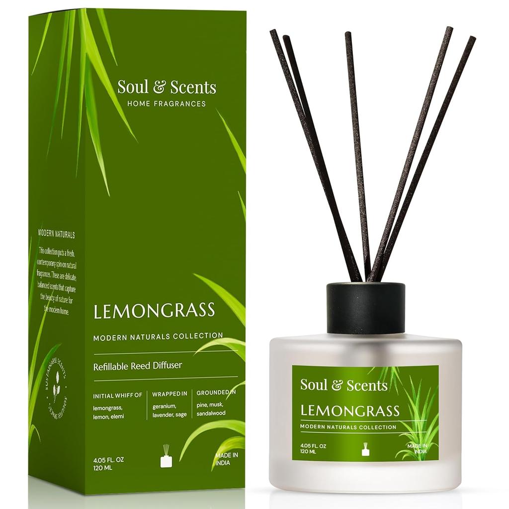 Soul & Scents Glass 120ml Lemongrass Reed Diffuser Set | Free 6 Fiber Reed Sticks | Stress Relief & Aromatherapy | Long-Lasting,