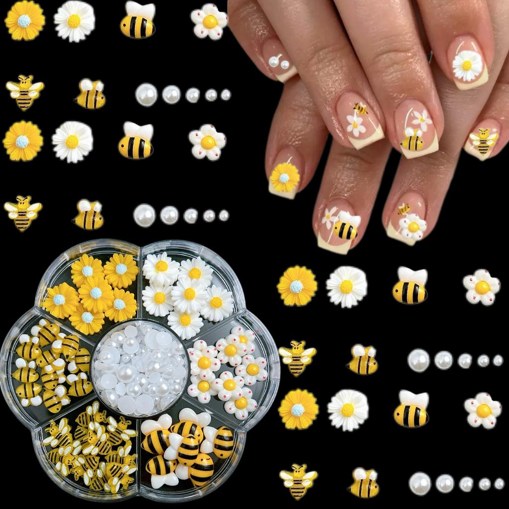 1 Scatola Charms per Unghie Cartoni Animati 3D Giallo Vasetto di Miele Piccola Ape Perla Bianca Simulazione Fiori Margheritina Bianca Per Accessori Nail Art Unghie Fai da Te