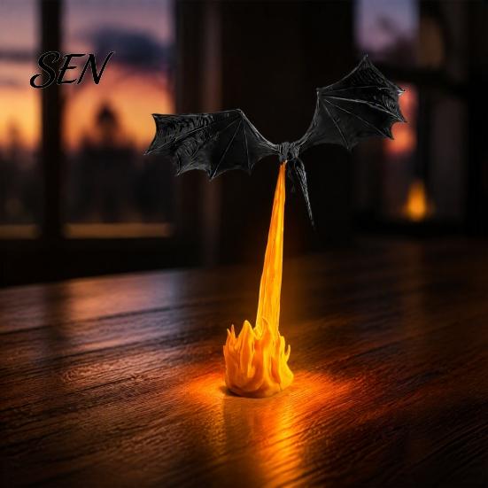Dragon Sculpture Bookshelf Nook Light, 3D Printed Fire-Breathing Fantasy Flying Dragon, Shelf Accent Lamp Art Collectibles with LED Flame Gothic