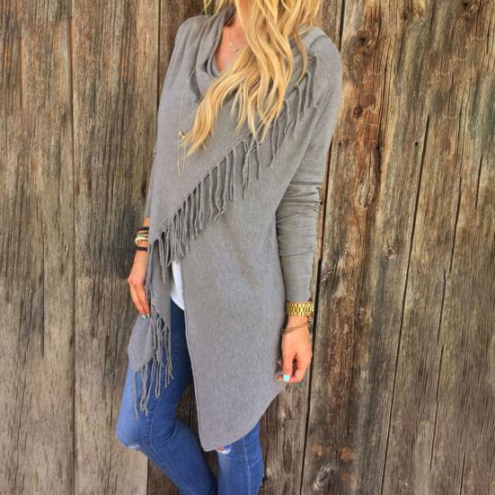 Women's Tassel Hem Shawl Cardigan Asymmetric Hem Pullover Poncho Coat Fringed Cowl Neck Wrap Cape Outerwear