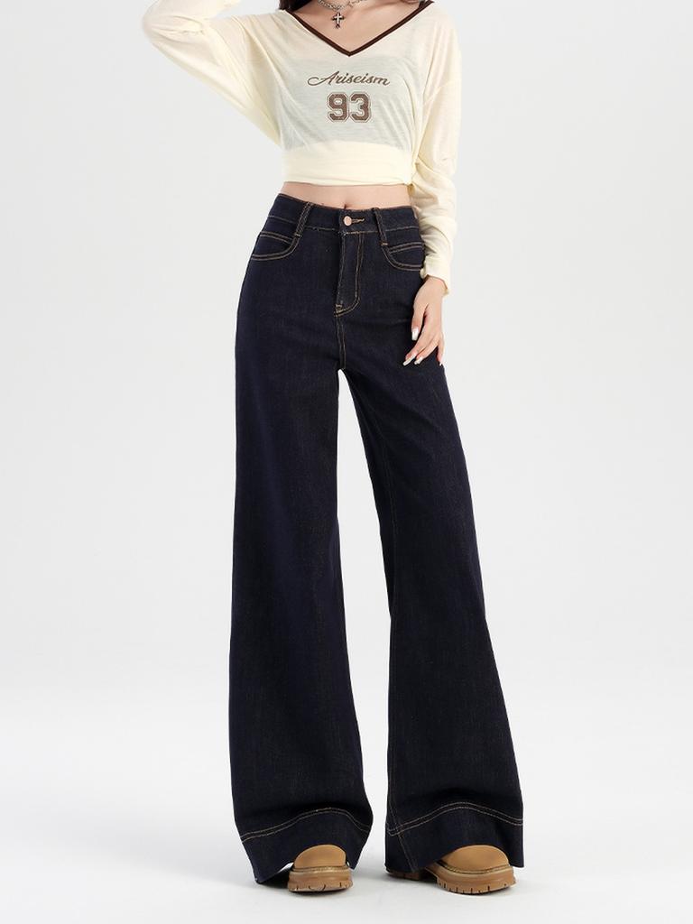 High Street Style Straight Leg Jeans Women Spring New High Waist Slim Fit Wide Leg Floor Length Jeans Trendy