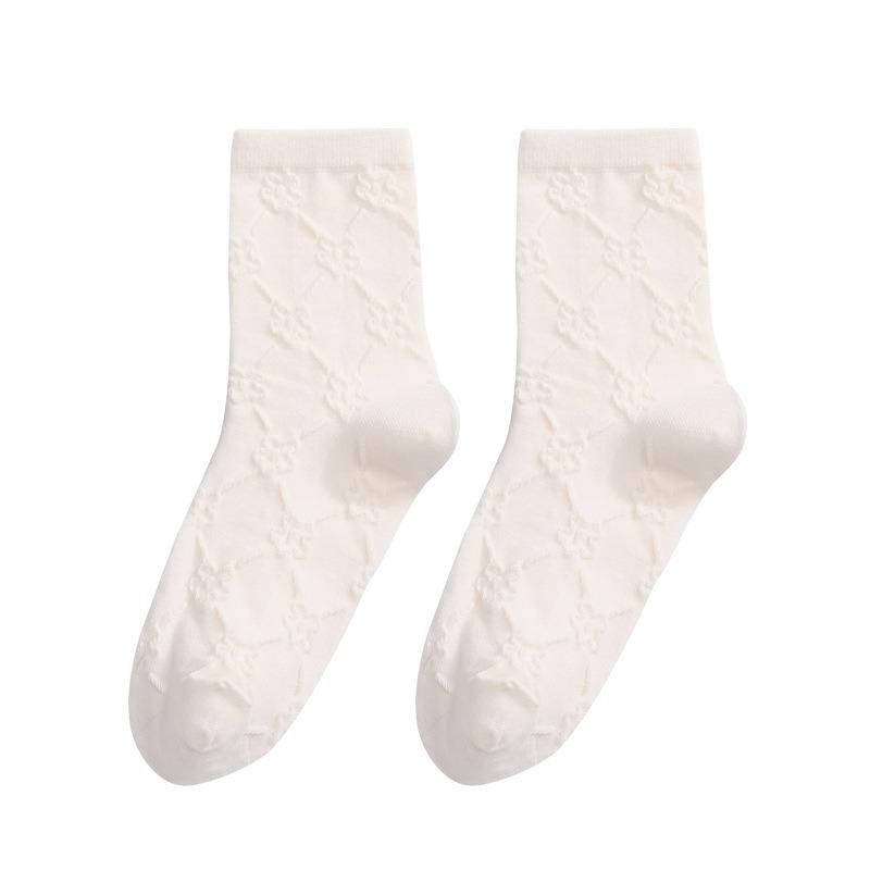 Socks Women's Summer Thin Embossed Socks White 7A Antibacterial Anti-odour Mid-calf Socks Breathable Sweat Socks for Women