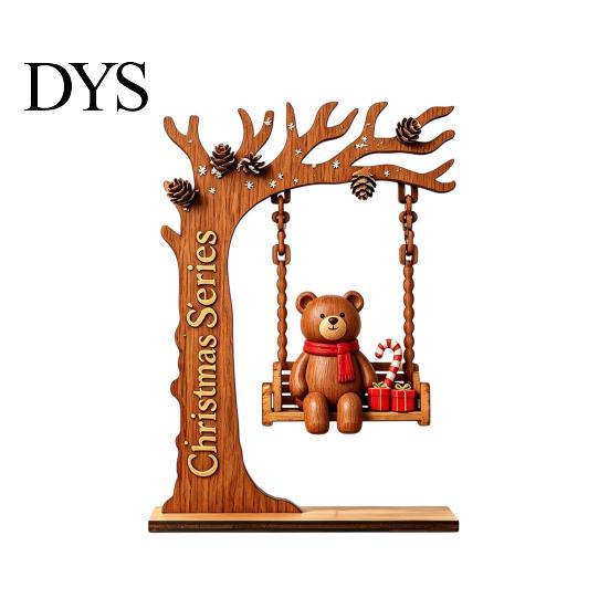 Artisanal Wood Christmas Decor Wooden Swing Ornament with Santa Claus/Bear for Christmas, Tabletop Rustic Home Accents Claus Figurine Living