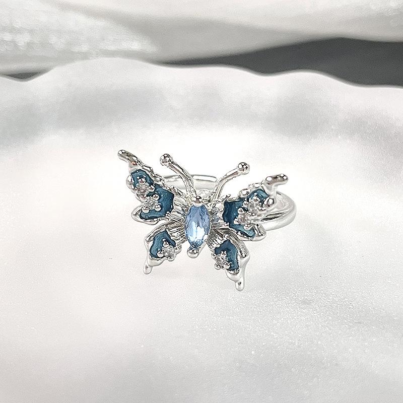 [Butterfly Jewelry] Oil Dripping Butterfly Open Ring Full Of Diamonds Zircon Fashion French High Sense Ring