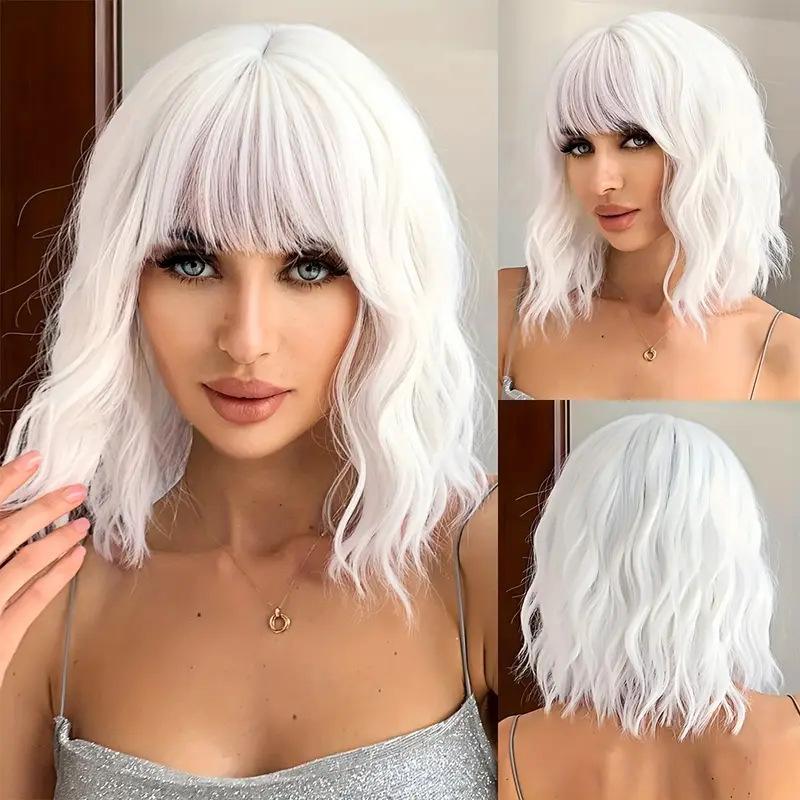 

Silver White Short Roll Synthetic Wig Lolita Can Beveled Mid-split Fashionable Water Wave Curly Wig Women s Wig