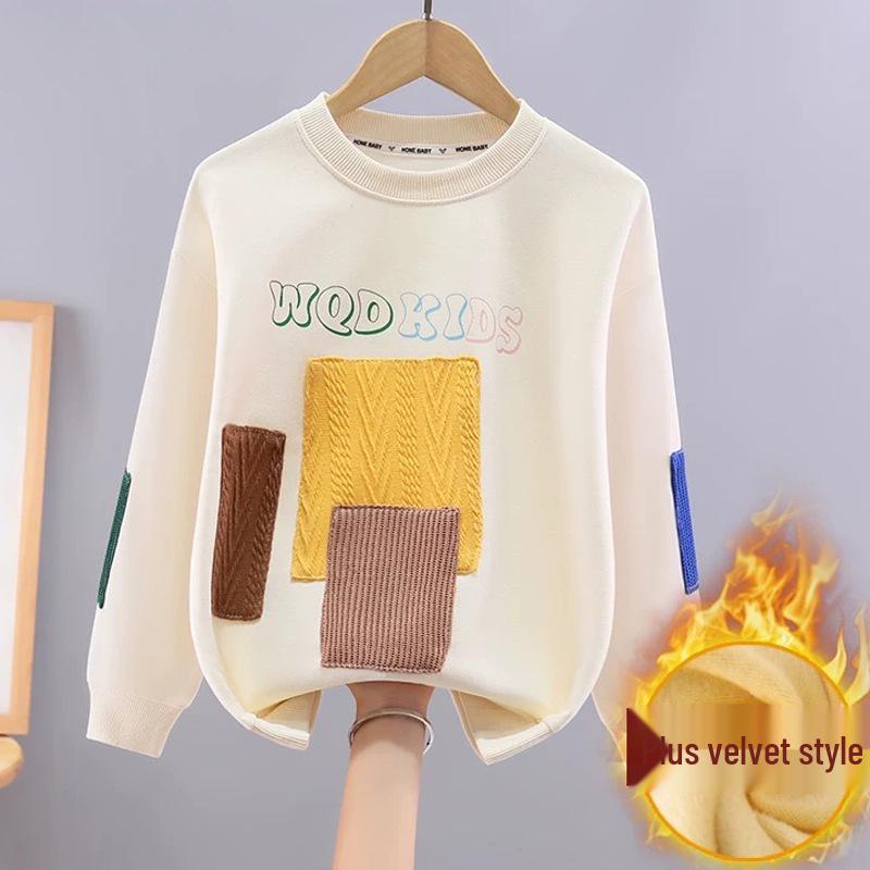 Retro Patchwork Fleecegefüttertes Sweatshirt für Jungen - Langärmeliges, verdicktes T-Shirt für Frühling und Herbst.