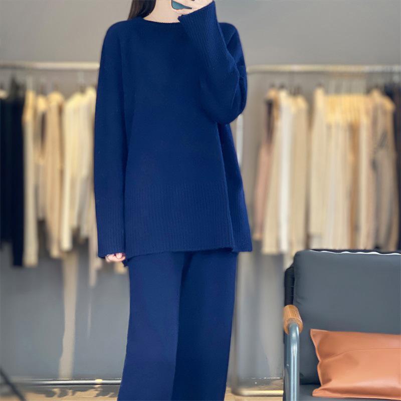 Autumn/Winter Cashmere Knitwear: Thick Long Sweater & Loose Wide-Leg Pants Two-Piece Set